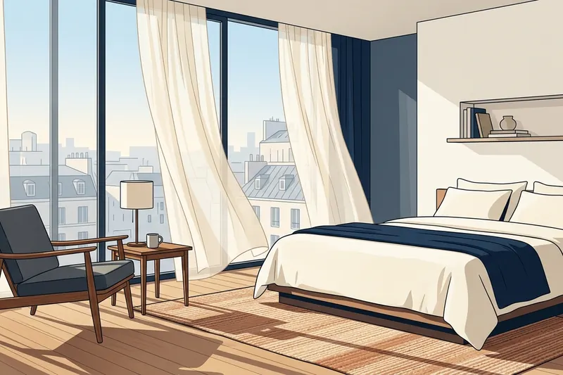 Boutique hotel suite in morning light (editorial illustration)