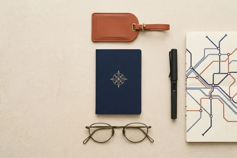 Travel documents, luggage tag and route map (editorial illustration)