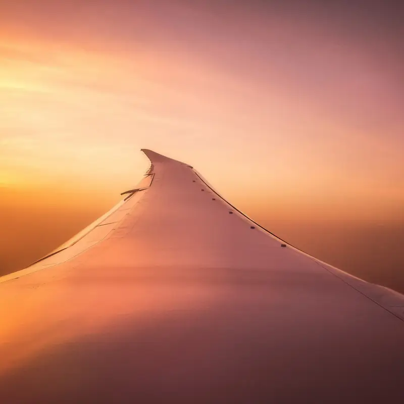 Aircraft wing at sunset (illustrative)